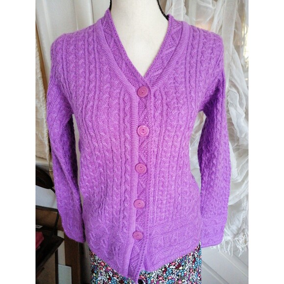 Women Cardigan Sweater Purple Cable Knit Long Sleeve Shimming - Picture 2 of 4